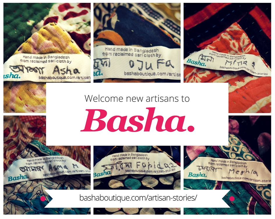 Collage of Basha kantha blanket name labels with artisan name.